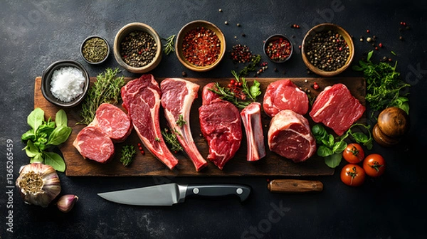 Obraz Overhead view gourmet meat preparation and dark mood culinary photography