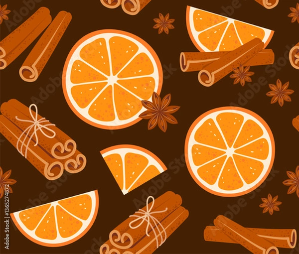 Fototapeta Seamless pattern with orange slices, cinnamon sticks tied with jute rope on brown background. Sweet cooking and bakery spices. Vector illustration