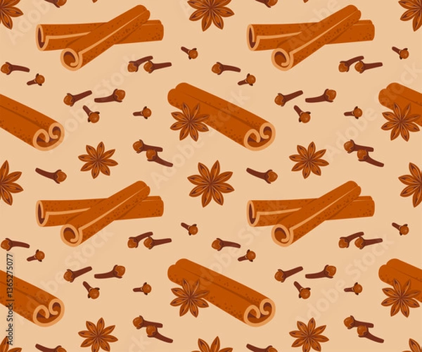 Obraz Seamless pattern with cinnamon sticks, dried cloves and star anise. Sweet cooking and bakery spices. Vector illustration