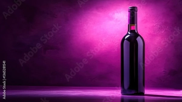 Fototapeta A bottle of rare, aged wine, isolated against a deep purple background, with light reflecting off the glass surface.