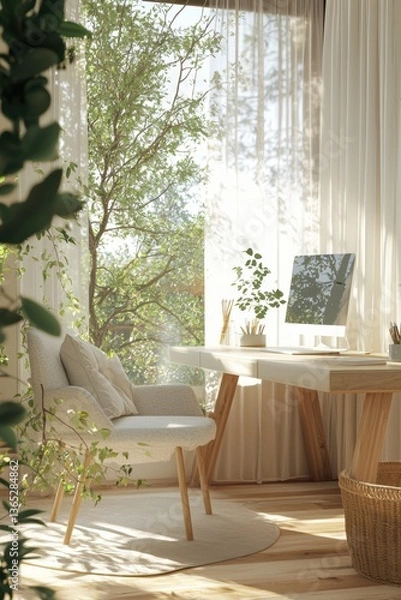 Fototapeta Minimalist home office workspace showcasing organic curves and bamboo accents