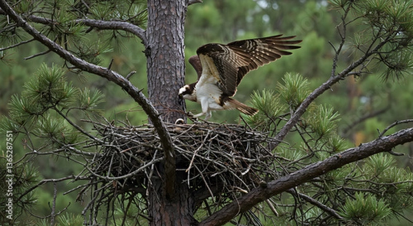 Fototapeta Osprey gracefully lands on a nest atop a pine tree bringing building materials