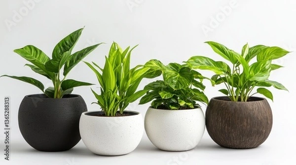 Fototapeta Four potted plants in various shapes and sizes, arranged in a row against a white background.