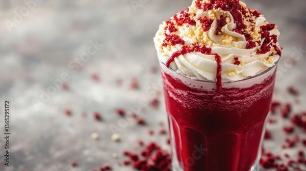 Fototapeta A luxurious red velvet milkshake in a clear glass, topped with whipped cream, red velvet crumbs, and a drizzle of cream cheese frosting.