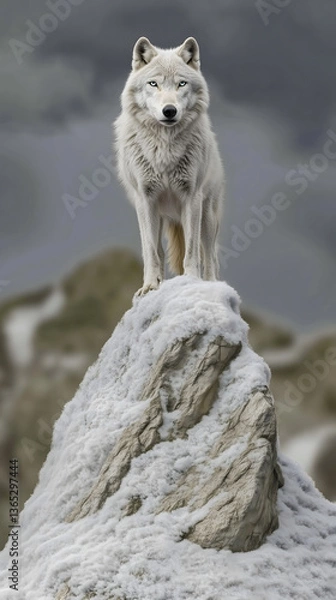 Fototapeta A detailed illustration of a lone wolf on a snowy mountain, sharp eyes glowing in the moonlight, surrounded by frosty trees.