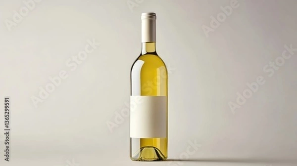 Fototapeta A single bottle of white wine with a clean, simple label, standing against a neutral light gray background.