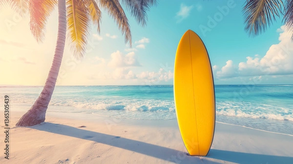 Fototapeta Bright yellow surfboard stands on sandy beach under palm tree at sunset by the ocean