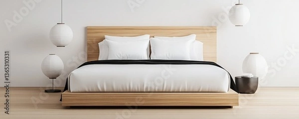Fototapeta Japanese-style luxury hotel bed with futon-inspired bedding, minimalistic decor, and paper lanterns