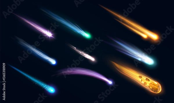 Obraz Realistic galaxy space meteors, comets and asteroids with flame trails. 3d vector falling fiery meteorites, shooting stars, cosmic fireballs streaking the night starry sky with colorful glowing tails