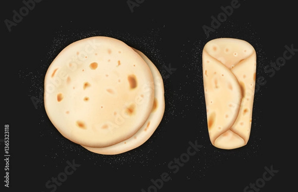 Obraz Realistic pita or tortilla bread with flour dust sprinkled around. 3d vector stack of round flatbread and wrapped burrito roll. Arabic pancakes, lavash, shawarma with golden, slightly toasted texture