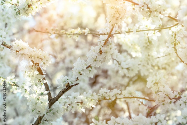 Obraz Cherry blossom in spring,  blossomed branches, flowering tree lit by sunlight