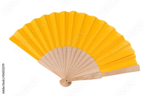 Fototapeta Yellow Open Hand Fan Isolated on a White Background. Studio shot.