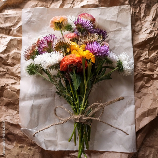Fototapeta Mazzo di fiori legati con uno spago su vecchio foglio di carta sgualcita. luce soffusa