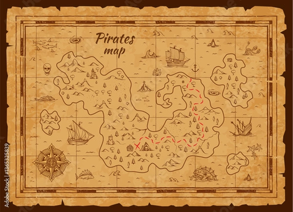 Obraz Old pirate treasure map. Vector vintage worn parchment with ships, islands and land, wind rose and cardinal points. Fantasy world, grunge and torn paper, pirate map with travel locations and monsters