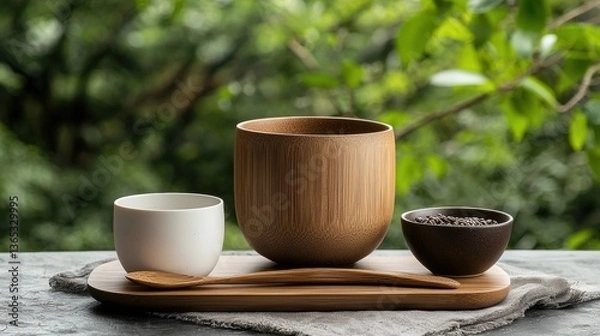 Fototapeta A wooden tray with three cups and a spoon sits on a gray tablecloth.