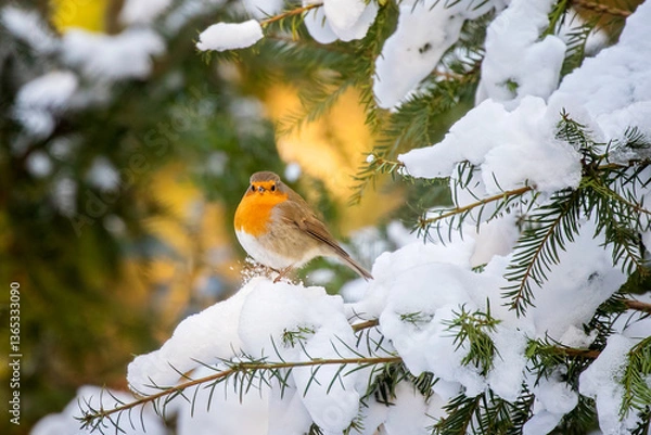 Fototapeta robin in the snow sitting in a tree