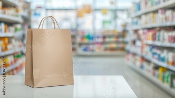 Fototapeta A pharmacy shopping bag sits on a white surface. In front of a pharmacy aisle with various colorful products on the shelves