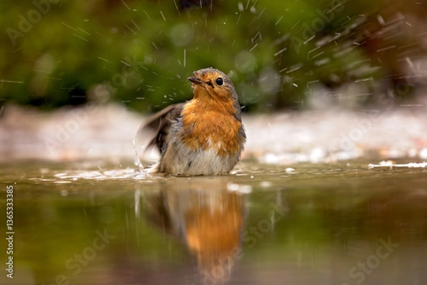 Fototapeta robin read breasth bathing   in the water