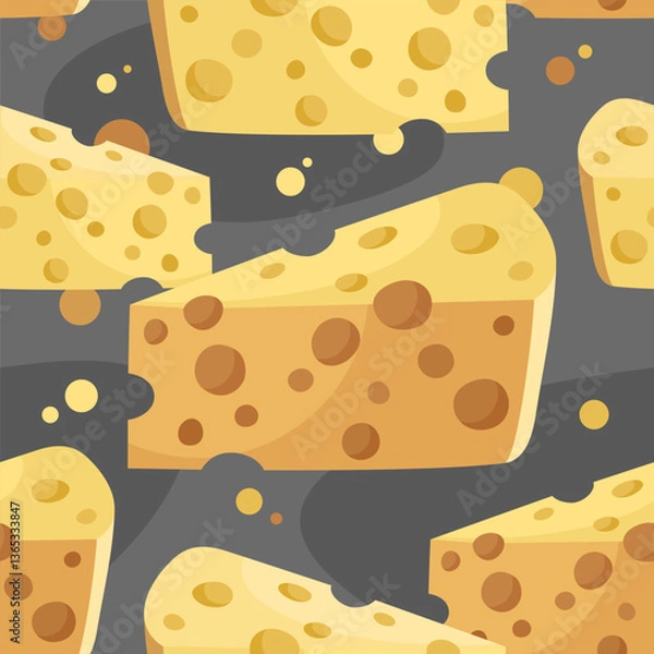Obraz Cheese vector seamless pattern. Pieces with many big holes. Slice and dice print. Funny food element background. Cut wheel. Bright design for snack, sauce, chips packaging. Сraft cheesemaking concept