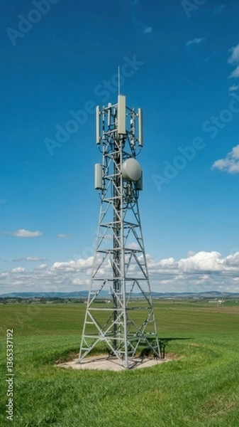 Fototapeta Mobile phone tower stands tall against a clear sky in an open field, showcasing advanced communication technology