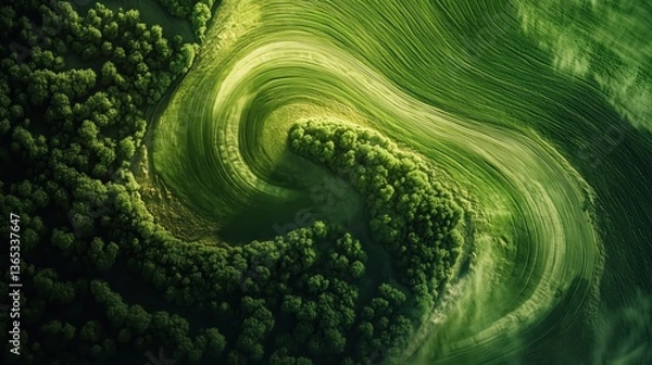 Fototapeta Aerial view of a lush green landscape with winding fields and dense forest