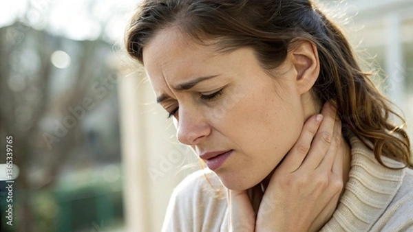 Obraz Worried young woman gently touching her neck with subtle concern, expressing anxiety or health issues, medical checkup and nervousness concept.