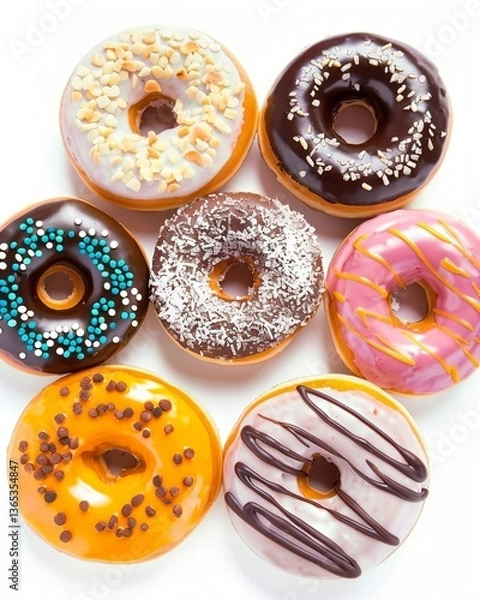 Fototapeta 6 doughnuts of different colors and textures, white background, high resolution, professional