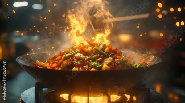 Fototapeta Fiery Wok-Fried Delights: A Culinary Symphony of Flavors and Colors