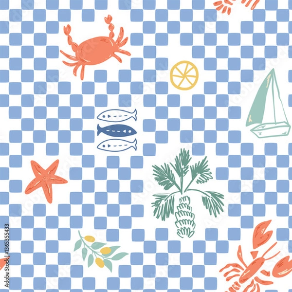 Fototapeta Blue summer checkered seamless pattern with lobster, crab, sardines, lemon, palm tree. Vector mosaic wallpaper, tropical vacation background, cute textile design, Mediterranean wrapping paper, print