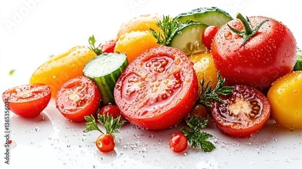 Fototapeta Fresh assorted vegetables with dewdrops on white background
