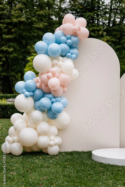 Fototapeta Luxury arch photo zone for gender party with blue and pink balloons on a park background with green grass