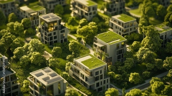 Fototapeta green town with trees and grass 