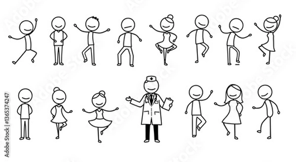 Obraz Stick figures in various poses, including a doctor.