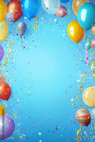 Obraz Birthday party background on blue. Top view. Frame made of colorful serpentine, balloons, candles, candies and confetti.