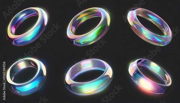 Fototapeta Glass or crystal ring in different angle view, 3d render. Abstract figure of geometric shape