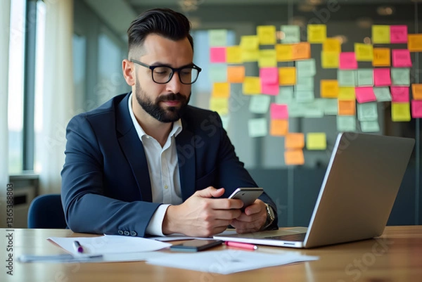 Fototapeta A professional office scene features a man with glasses, smartphone, and laptop, surrounded by papers, a glass wall with handwritten notes, and a bright, modern atmosphere.