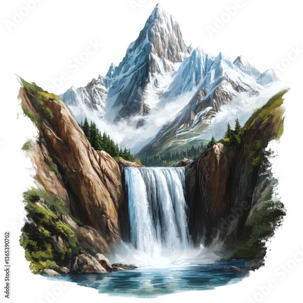 Fototapeta A scenic mountain waterfall cascades into a green wilderness river isolated on transparent background