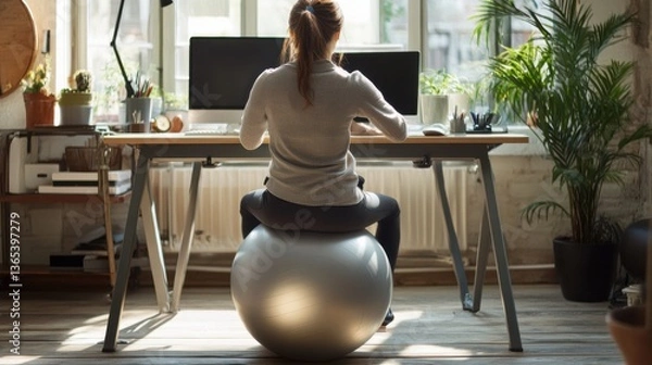 Obraz A professional sitting on an exercise ball at their workstation for better posture.