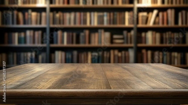 Fototapeta An old wooden table in front of bookshelves filled with books- blurred background