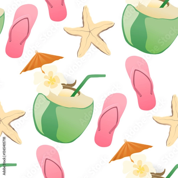 Fototapeta Summer Beach Tropical Pattern With Coconuts Cocktails Starfish And Flip Flops
