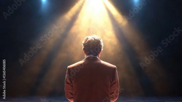 Fototapeta man in suit stands under spotlight on stage, creating dramatic and inspiring atmosphere