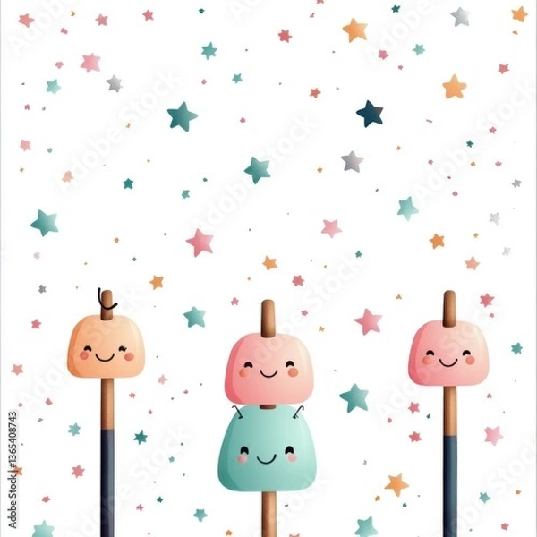 Fototapeta Cute illustrated characters resembling marshmallows with happy faces, set against a whimsical starry background.