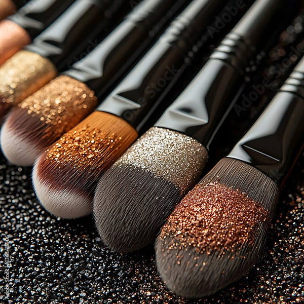 Fototapeta Closeup of luxury makeup brushes adorned with glittering pigments.  A glamorous, highfashion image perfect for beauty blogs, cosmetic advertisements, or showcasing professional makeup artistry.