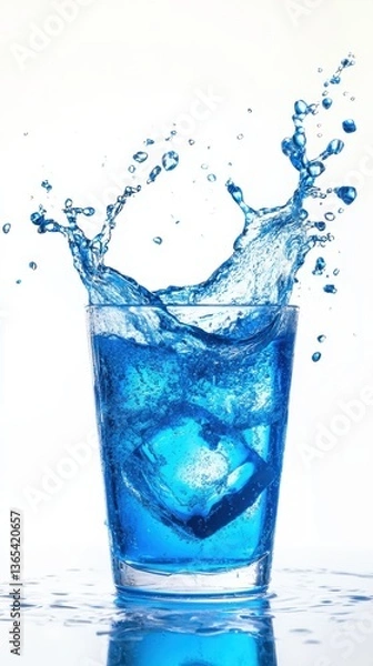 Fototapeta Refreshing Blue Splash: A vibrant burst of blue liquid erupts from a clear glass, forming dynamic splashes. Capturing the beauty of liquid dynamics and refreshment.