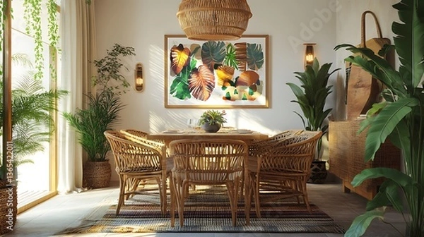 Fototapeta Tropical dining room with rattan furniture and leaf artwork