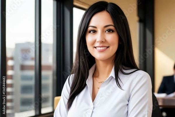 Obraz Smiling Older Businesswoman in a stylish business outfit standing at modern coworking space