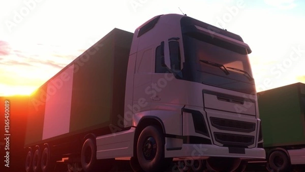 Obraz Cargo trucks with Nigeria flag. Trucks from Nigeria loading or unloading at warehouse dock. 3d illustration
