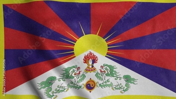 Obraz Flag of Tibet waving in wind. Realistic Tibet flag background. 3d illustration