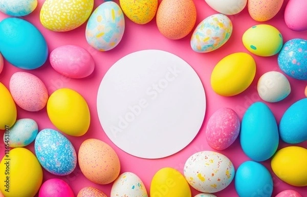 Fototapeta Colorful Easter eggs surrounding a blank white circle on a pink background