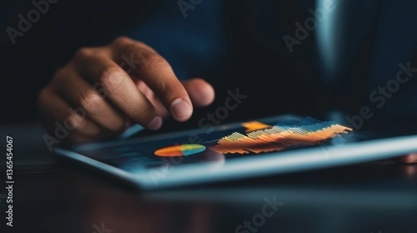 Fototapeta A businessman holding a smart tablet reviewing data during a meeting.
